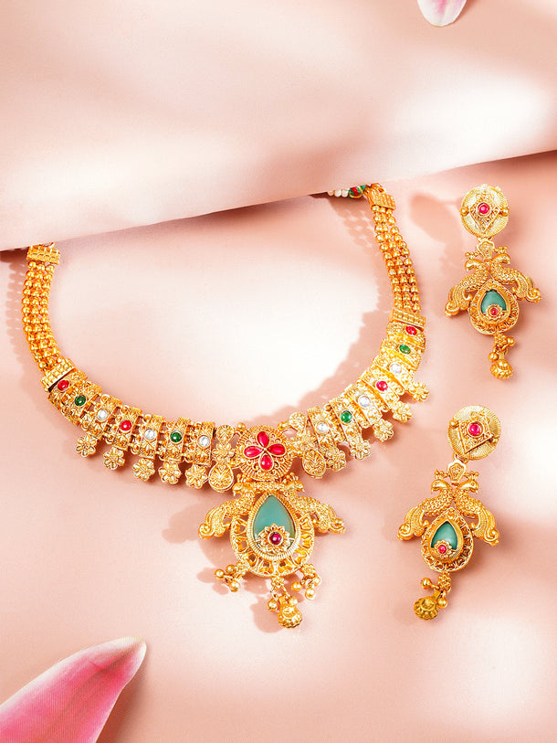 Gold Plated Peacock Motif Floral Necklace Set