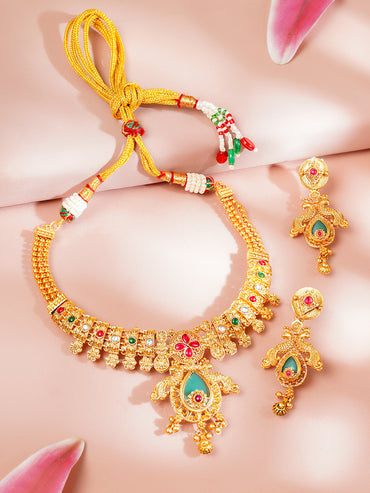 Gold Plated Peacock Motif Floral Necklace Set