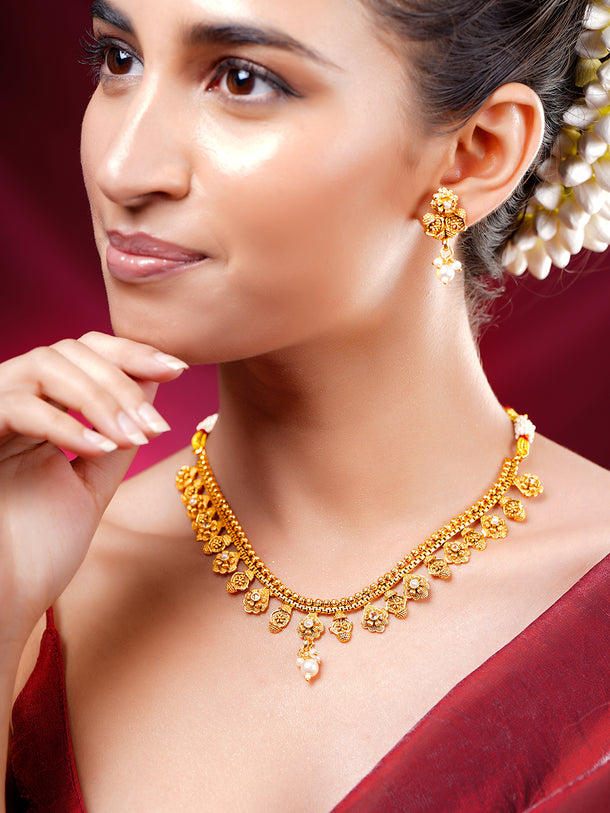 Gold Plated Floral Necklace Set With Pearl Drops