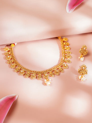 Gold Plated Floral Necklace Set With Pearl Drops