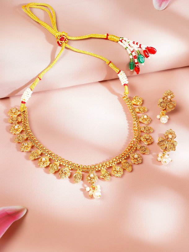Gold Plated Floral Necklace Set With Pearl Drops