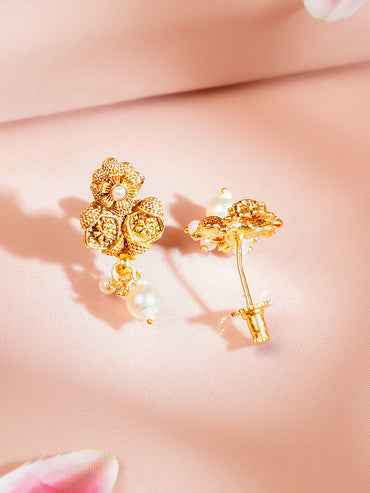 Gold Plated Floral Necklace Set With Pearl Drops