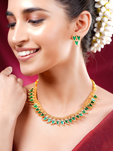 Gold Plated Leaf Drop Emerald Necklace Set