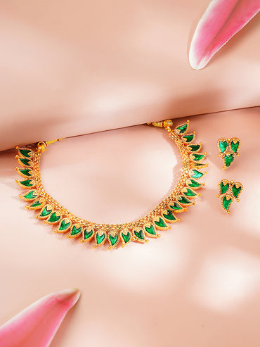 Gold Plated Leaf Drop Emerald Necklace Set