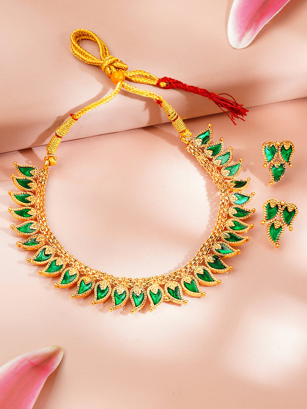 Gold Plated Leaf Drop Emerald Necklace Set
