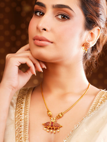 Gold Plated Pearl Drop Lotus Motif Ruby Red Necklace Set