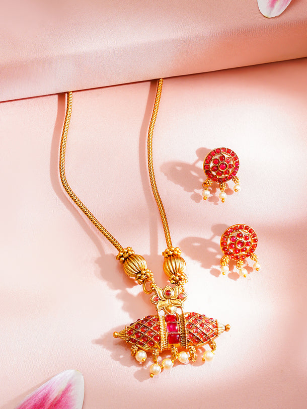 Gold Plated Pearl Drop Lotus Motif Ruby Red Necklace Set