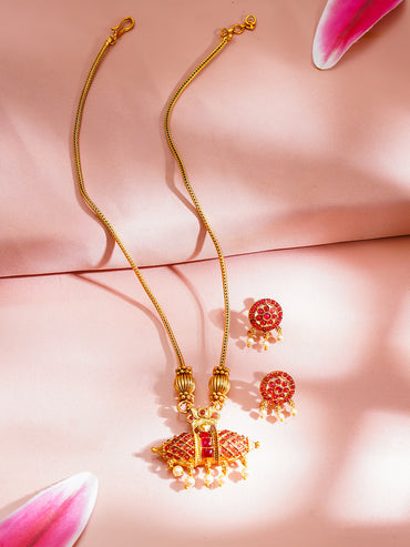 Gold Plated Pearl Drop Lotus Motif Ruby Red Necklace Set