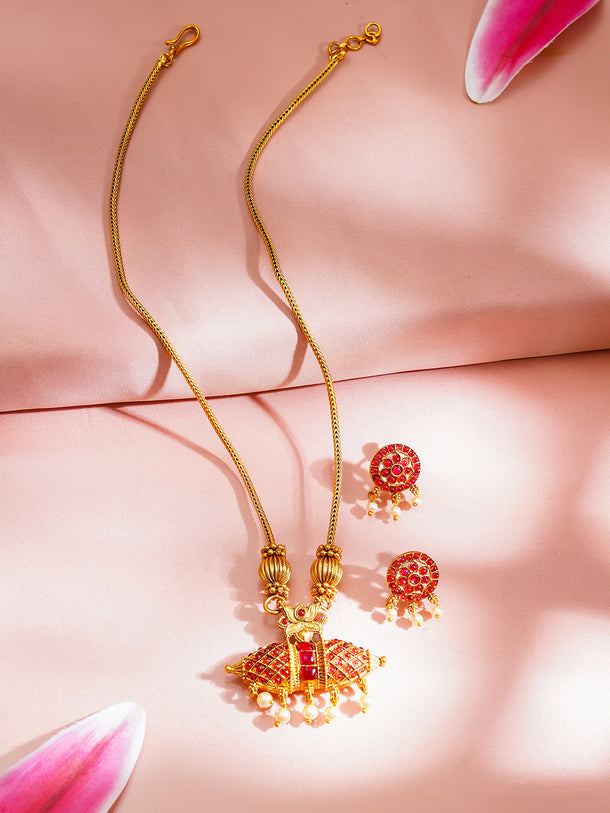 Gold Plated Pearl Drop Lotus Motif Ruby Red Necklace Set