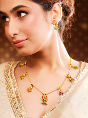 Gold Plated Green Beaded Peacock Motif Necklace Set
