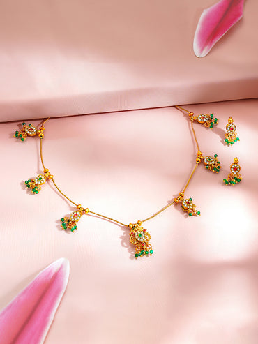 Gold Plated Green Beaded Peacock Motif Necklace Set