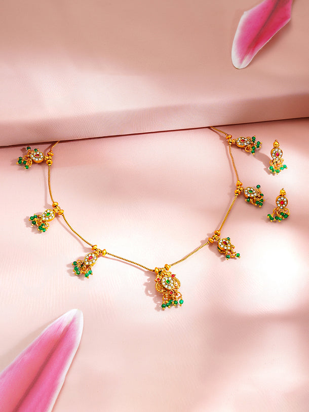 Gold Plated Green Beaded Peacock Motif Necklace Set