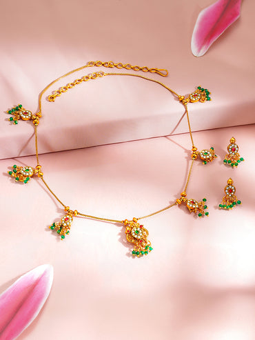 Gold Plated Green Beaded Peacock Motif Necklace Set