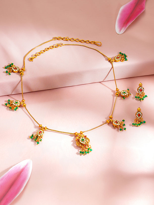 Gold Plated Green Beaded Peacock Motif Necklace Set