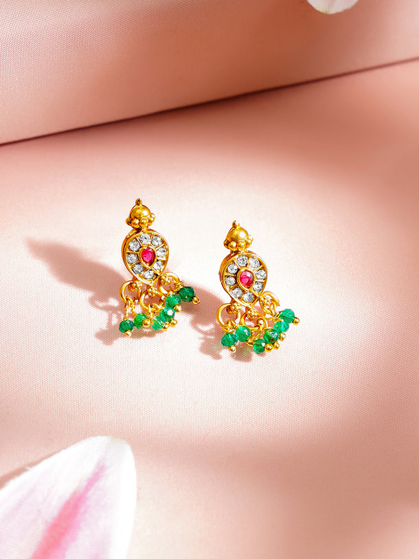 Gold Plated Green Beaded Peacock Motif Necklace Set