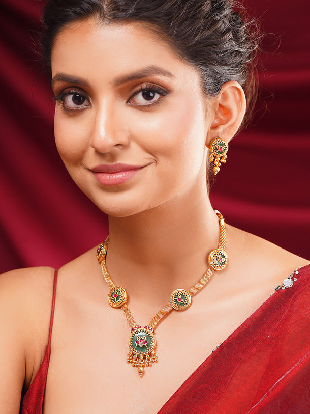 Gold Plated Meenakari Sunburst Medallion Necklace Set