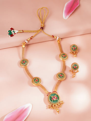Gold Plated Meenakari Sunburst Medallion Necklace Set