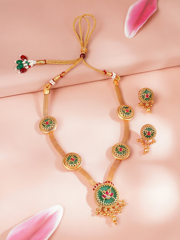 Gold Plated Meenakari Sunburst Medallion Necklace Set