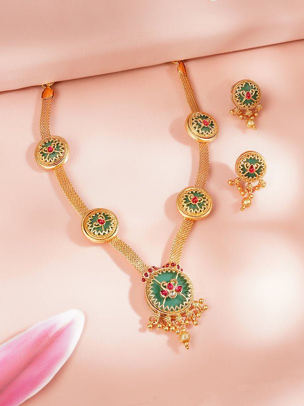 Gold Plated Meenakari Sunburst Medallion Necklace Set