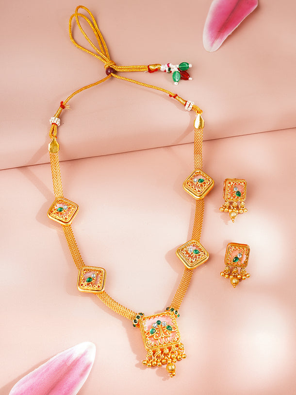 Gold Plated Cubic Motif Pink studded Necklace Set