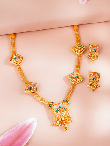 Gold Plated Cubic Motif Pink studded Necklace Set