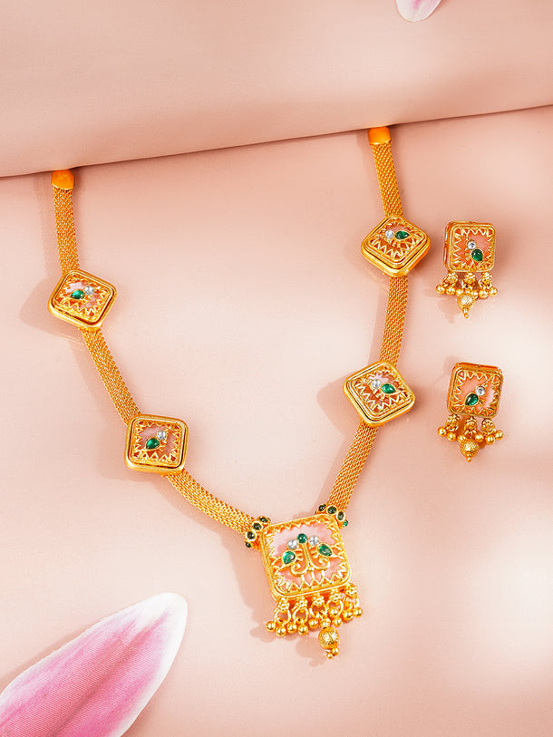 Gold Plated Cubic Motif Pink studded Necklace Set