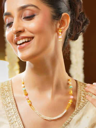 Gold Plated Pastel Bead and Multi-Strand Pearl Necklace Set