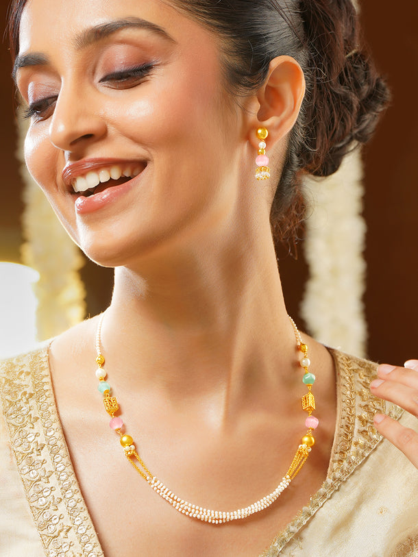 Gold Plated Pastel Bead and Multi-Strand Pearl Necklace Set