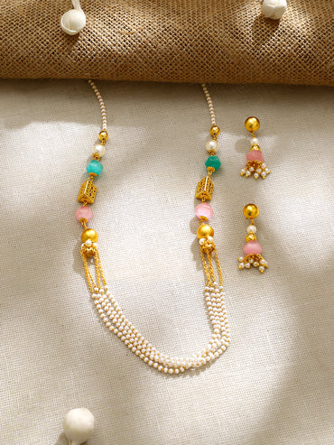 Gold Plated Pastel Bead and Multi-Strand Pearl Necklace Set