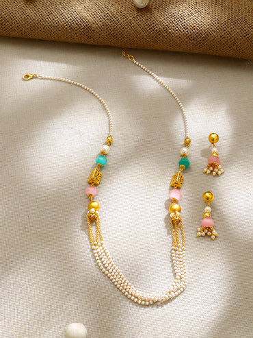Gold Plated Pastel Bead and Multi-Strand Pearl Necklace Set
