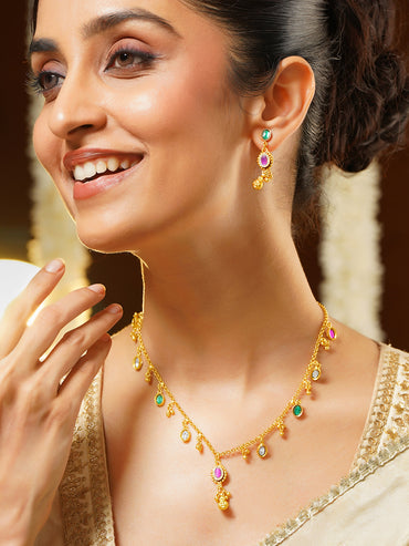 Gold Plated Ruby & Emerald Necklace and Earrings Set