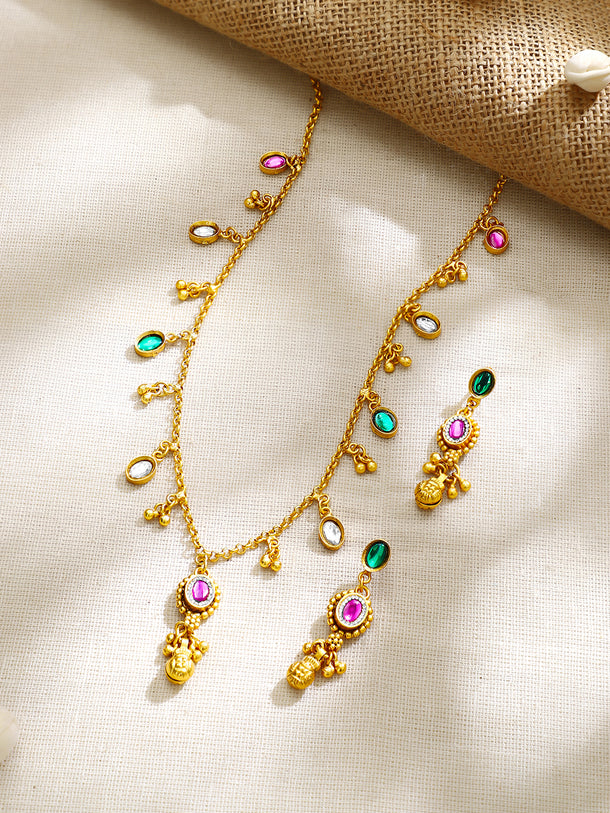Gold Plated Ruby & Emerald Necklace and Earrings Set