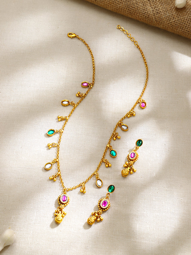 Gold Plated Ruby & Emerald Necklace and Earrings Set