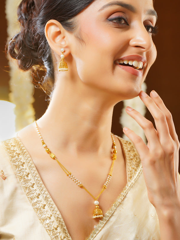 Gold Plated pearl beaded string hanging bell-shaped jhumka drop pendant Set
