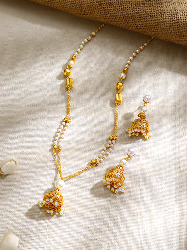 Gold Plated pearl beaded string hanging bell-shaped jhumka drop pendant Set