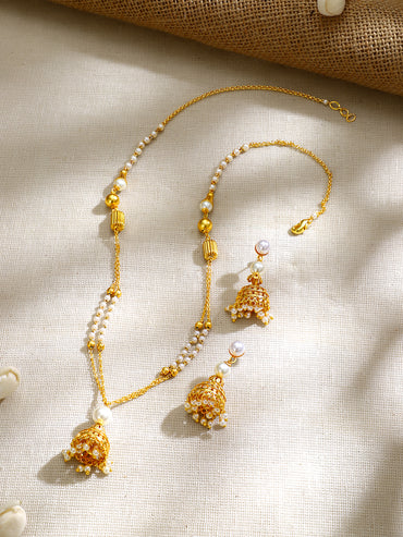 Gold Plated pearl beaded string hanging bell-shaped jhumka drop pendant Set