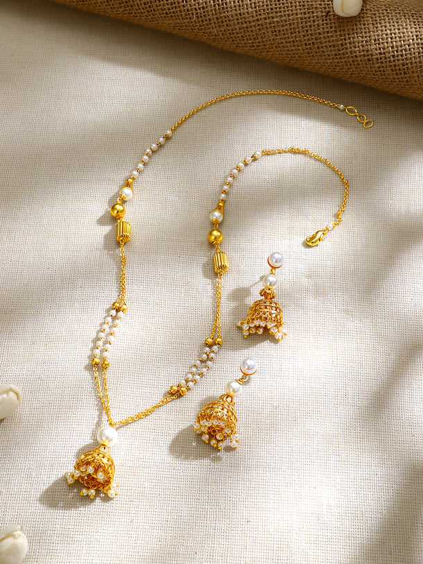 Gold Plated pearl beaded string hanging bell-shaped jhumka drop pendant Set