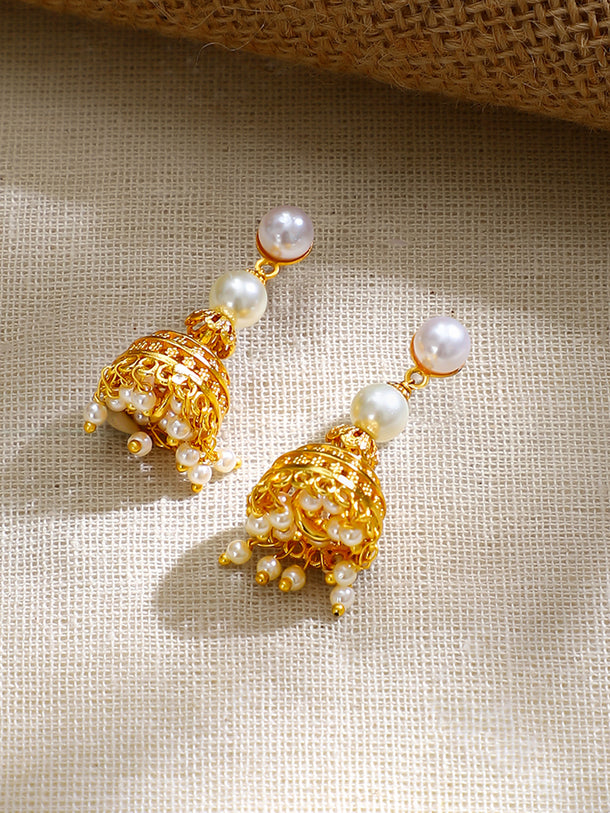 Gold Plated pearl beaded string hanging bell-shaped jhumka drop pendant Set