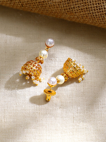 Gold Plated pearl beaded string hanging bell-shaped jhumka drop pendant Set