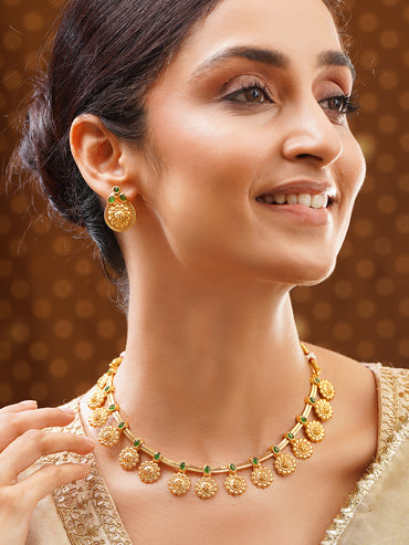 Gold Plated Emerald Sunbloom Floral Coin Necklace Set
