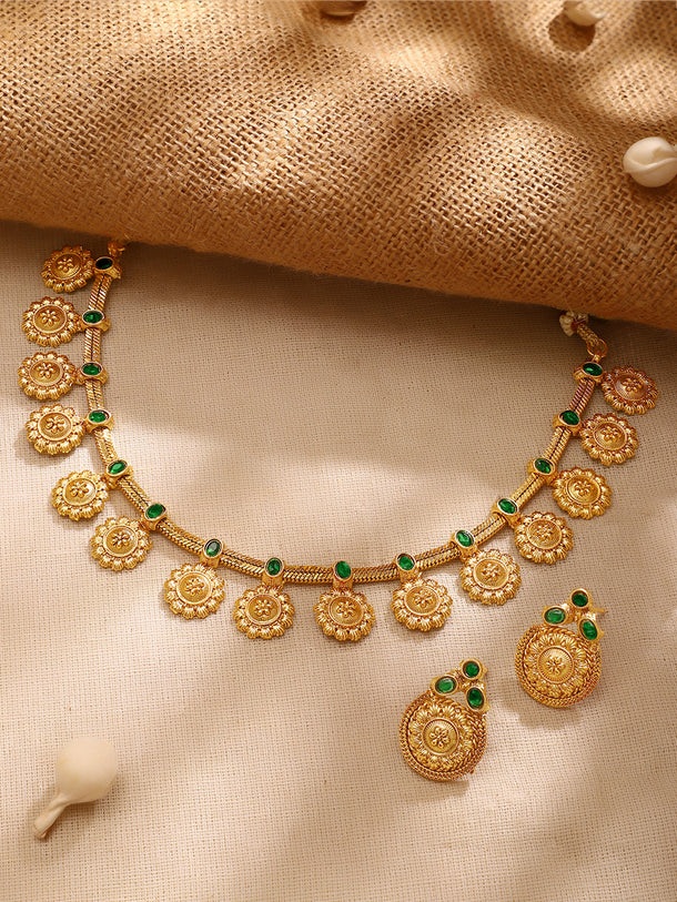 Gold Plated Emerald Sunbloom Floral Coin Necklace Set