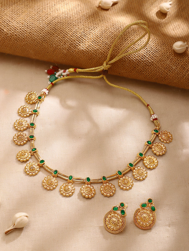 Gold Plated Emerald Sunbloom Floral Coin Necklace Set