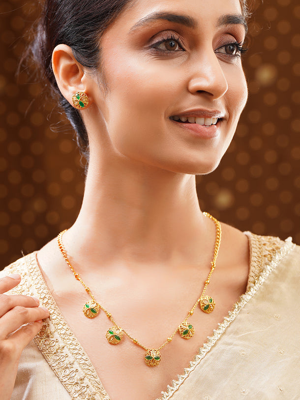 Gold Plated Emerald Petal Garden Floral Charm Necklace Set