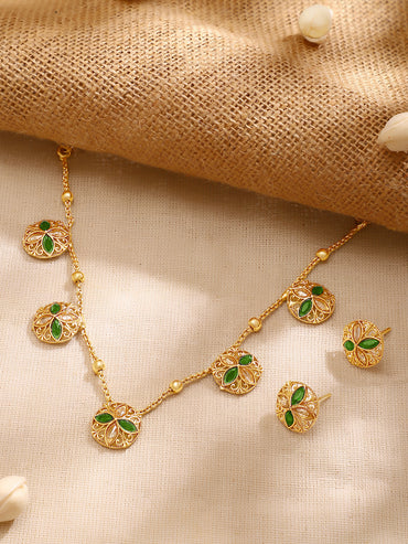 Gold Plated Emerald Petal Garden Floral Charm Necklace Set