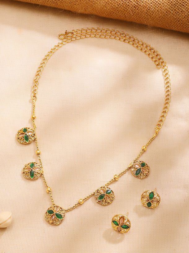 Gold Plated Emerald Petal Garden Floral Charm Necklace Set