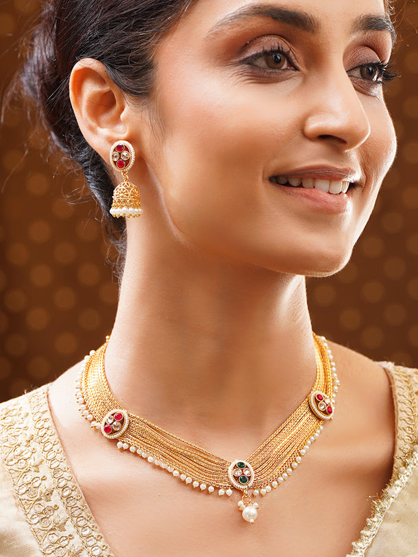 Gold Plated Weave Pearl Fringe Choker Jhumka Set