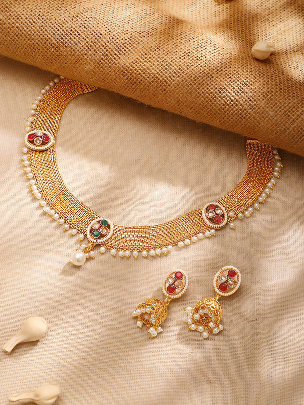 Gold Plated Weave Pearl Fringe Choker Jhumka Set