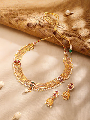 Gold Plated Weave Pearl Fringe Choker Jhumka Set