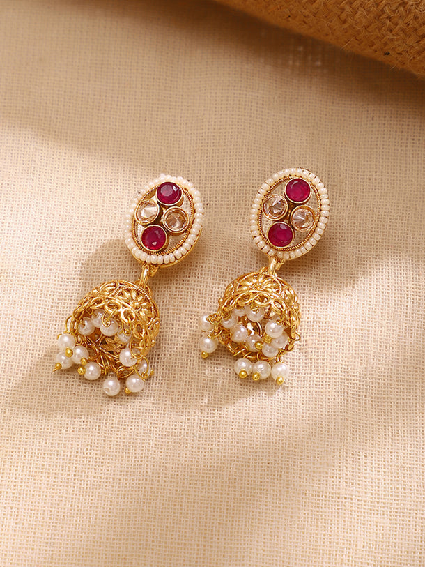 Gold Plated Weave Pearl Fringe Choker Jhumka Set