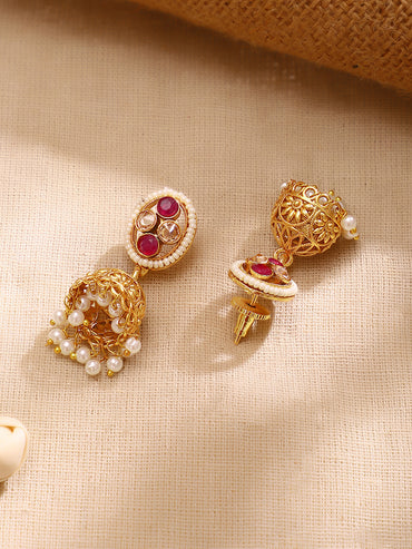 Gold Plated Weave Pearl Fringe Choker Jhumka Set